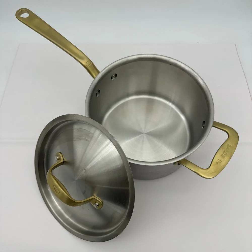 Made-In Cookware Italy 4 qt Stainless Saucepan Gold Handle W/Lid NEW